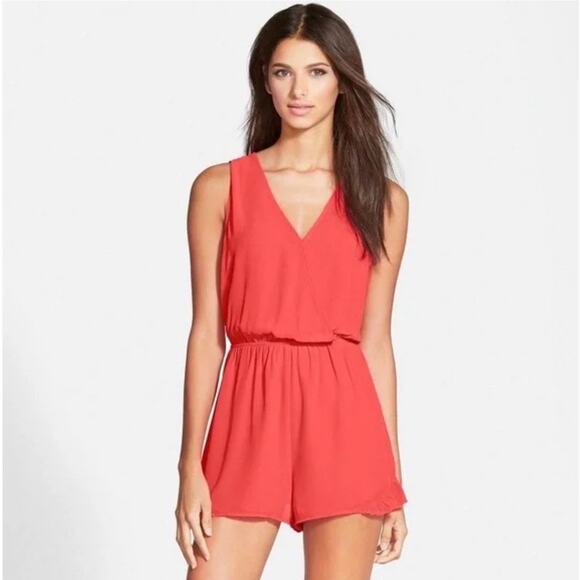 Revolve ASTR The Label Coral Red V-Neck Surplice Romper Small Chic - Picture 1 of 10